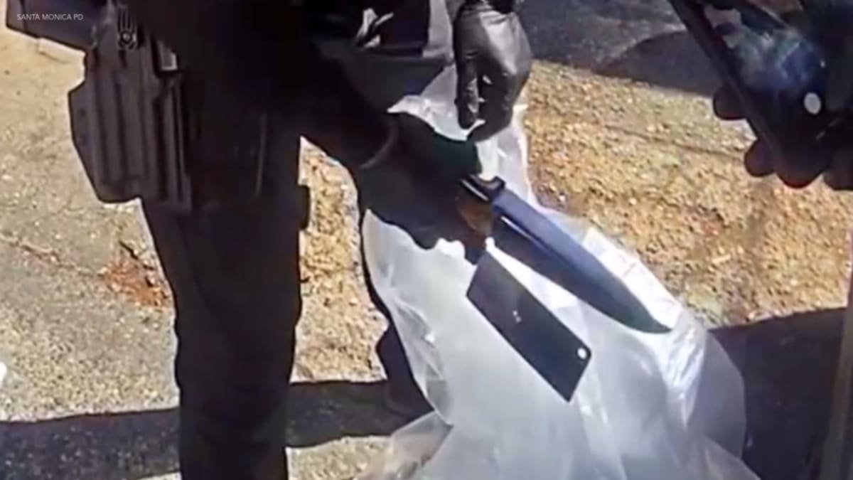 A transient contacted for blocking a sidewalk with his mattress was found to have multiple knives, including butcher knives, and meth.